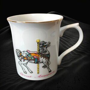 Vintage Great America Carousel Horse Coffee Mug Tea Cup Gold Rim Multicolor